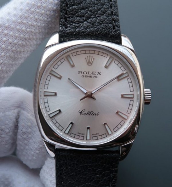 Rolex Cellini Danaos 4243 SS Silver Dial Black Leather Strap A2824