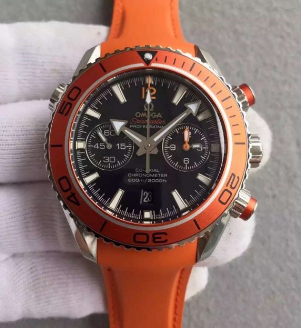 Omega Planet Ocean 45mm Chrono Orange Bezel Black Dial Rubber Strap A9300