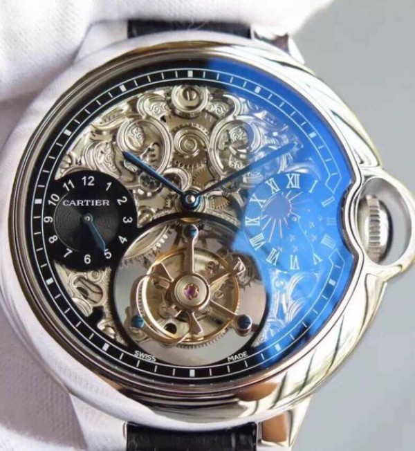 Cartier Ballon Bleu Skeleton Tourbillon Black Dial Black Leather Strap