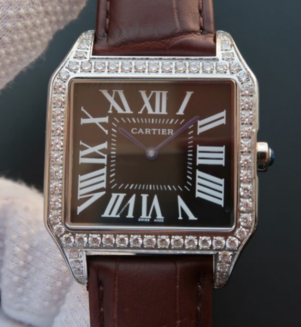 Cartier Santos WH100651 Diamond SS Black Dial Leather Strap A9015