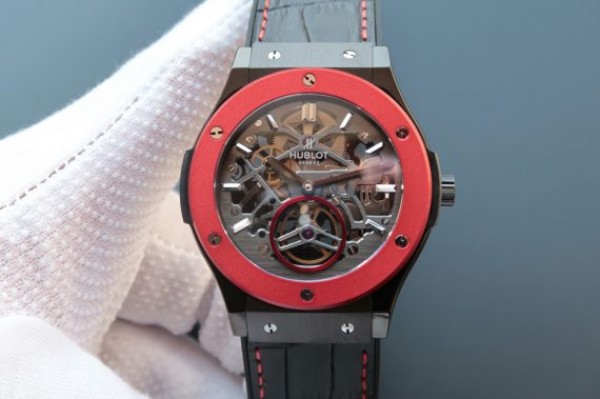 Hublot Classic Fusion Tourbillon 45mm TF Red Bezel Skeleton Dial Black Gummy Strap A23J