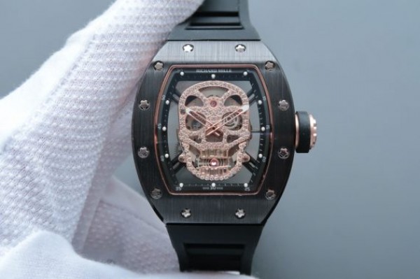 Richard Mille RM052 Black Ceramic Full Paved Diamonds Skull Dial Black Rubber Strap MIYOTA8215