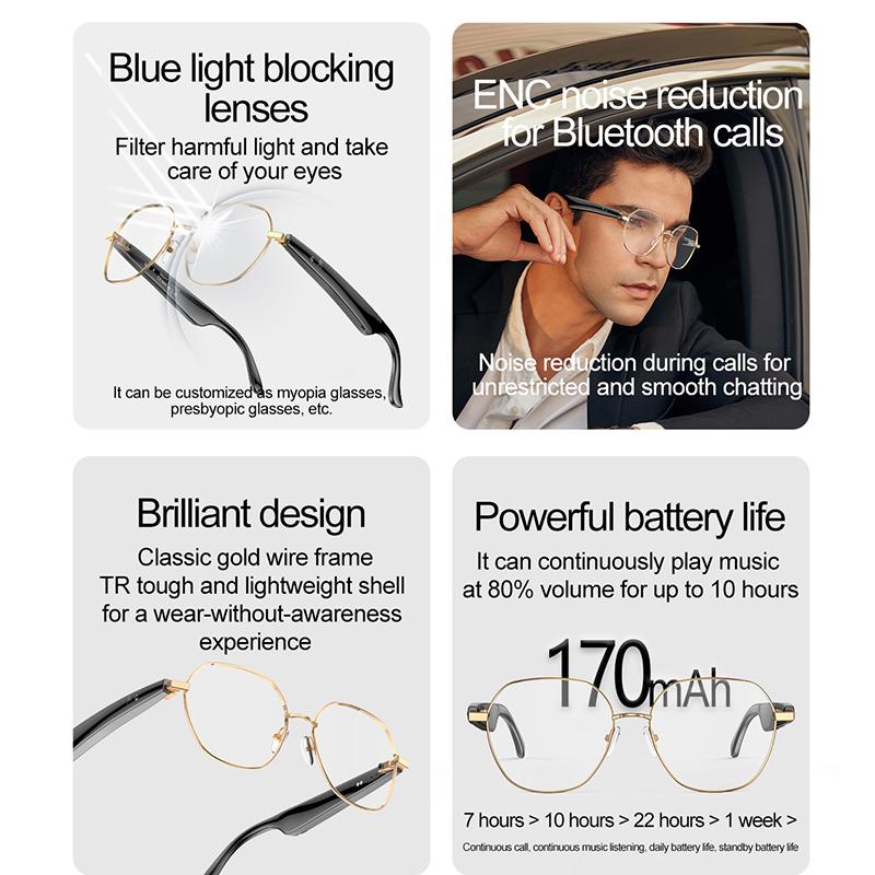 AI Chat Men Women Smart Bluetooth Call Glasses Voice Assistant Real-time Translation Voice Notes Open Ear Music IP65 Waterproof Automatic Magnetic Phone Remote Wearable Anti-Blue Light - Image 3