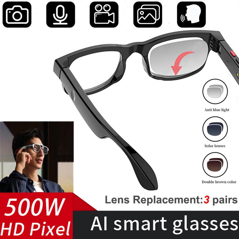 500W AI Smart Camera Sunglasses 3 in 1 Lens Translate Smart Glasses Voice Call Video Recording Anti-blue Light Bluetooth Glasses Wireless Button Device Local Magnetic Wearable