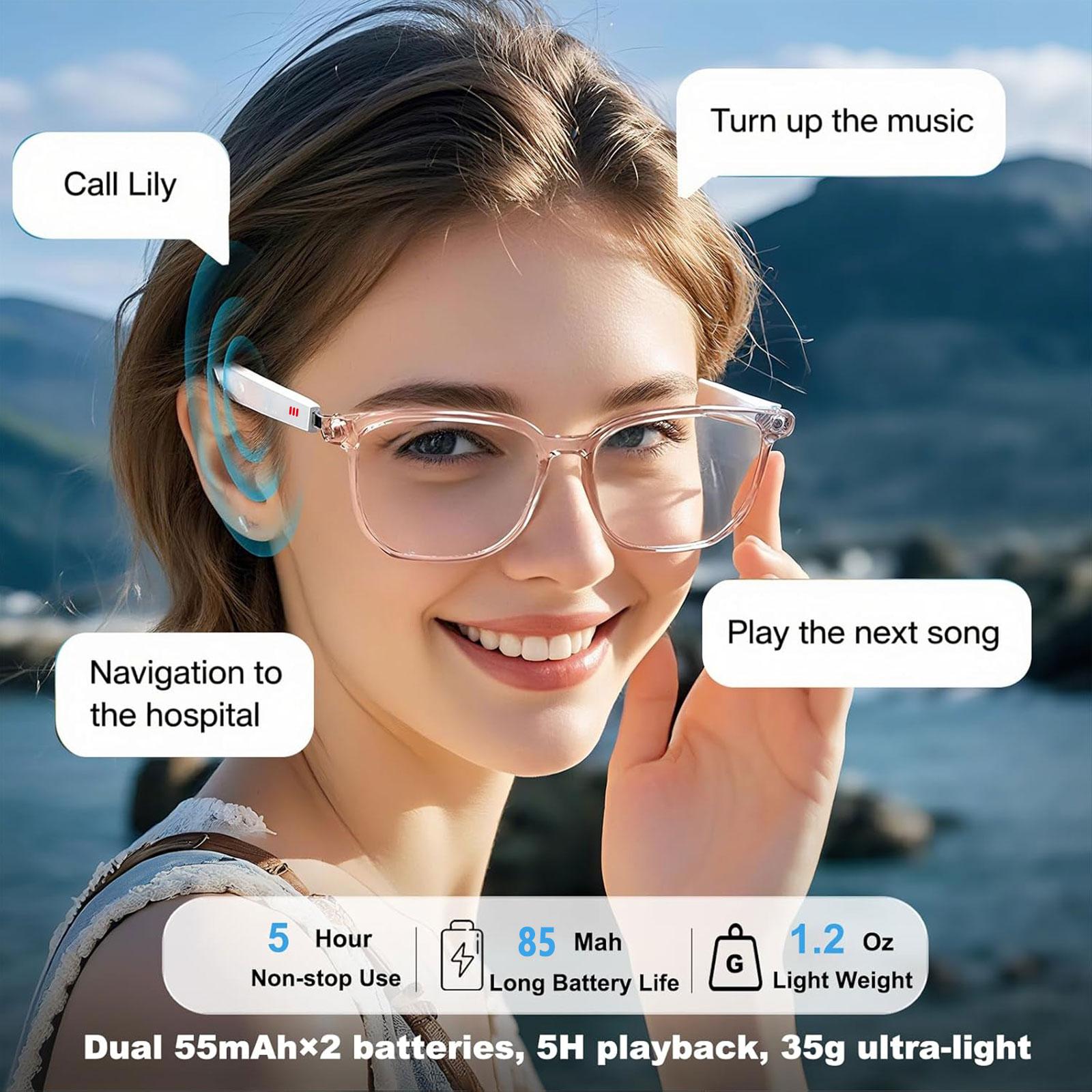 Smart AI translation audio glasses, real-time app translation in over 160 languages, light-sensitive color-changing lenses Wearable White