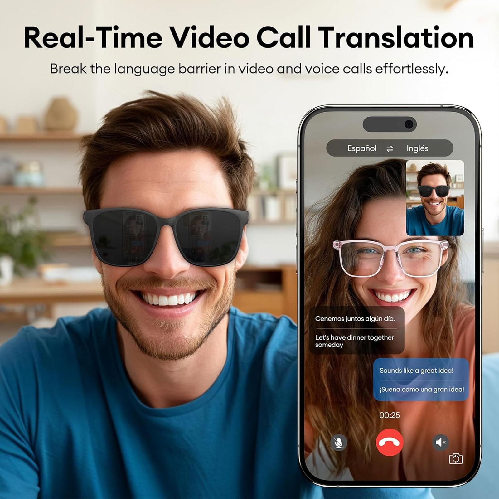 Smart AI translation audio glasses, real-time app translation in over 160 languages, light-sensitive color-changing lenses Wearable White