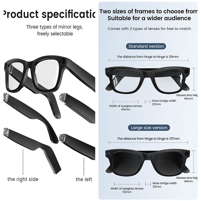 AI Smart Glasses Men Women 800W HD Camera Video Translation Music Touch Outdoor Sports 32GB Ultra Large Battery Smart Glasses Wearable Transparent Lenses