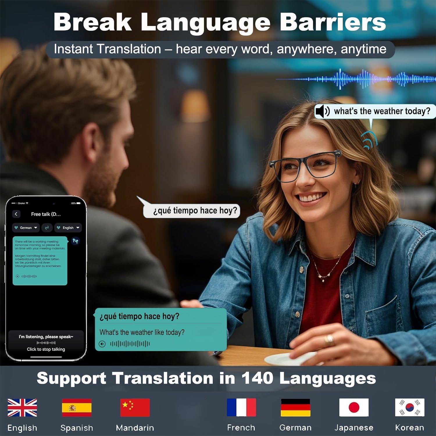 AI Translator Smart Glasses, Support 160+ Languages Translation, Stylish Audio Glasses, Photochromic Lens