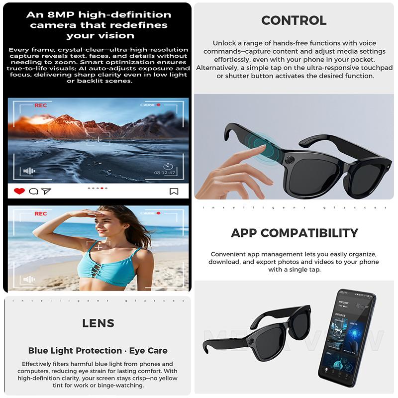 2025 New 800w HD Smart Glasses UV Protective Voice Assistant Touch Control Hands-Free Sound Surround Local Music Smart Glasses