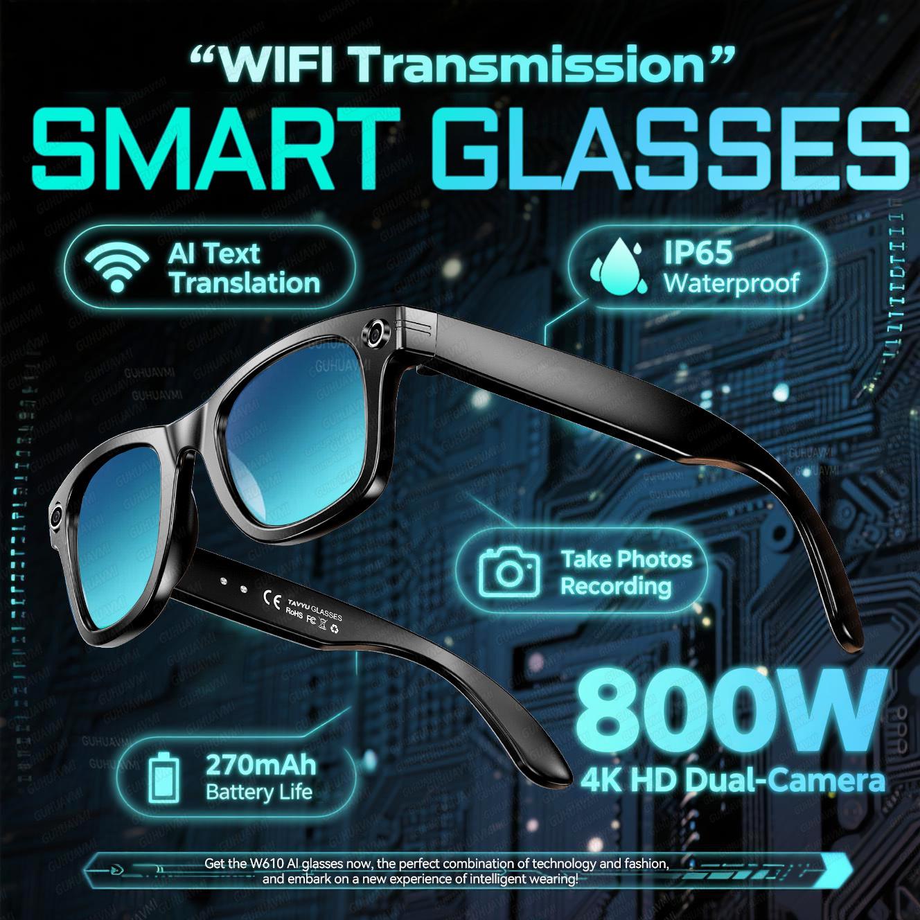Smart Glasses, New Arrival, For Men and Women, 8MP Camera, WiFi and Bluetooth Connectivity, Touch Controls, IP65 Waterproof, AI Translation, Noise Cancellation, AI Glasses