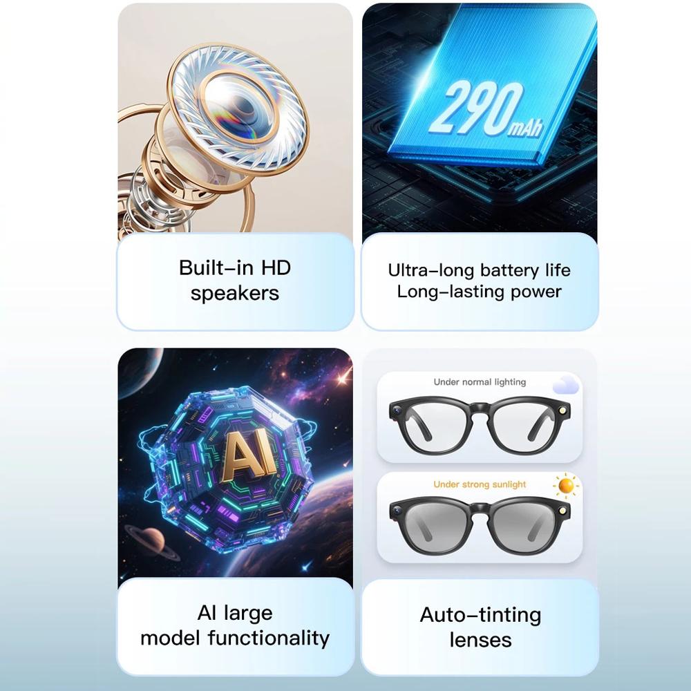 Smart glasses, Q8 AI, real-time translation, HD image restoration, sunglasses with music playback, suitable for office, business, travel, sports, camera
