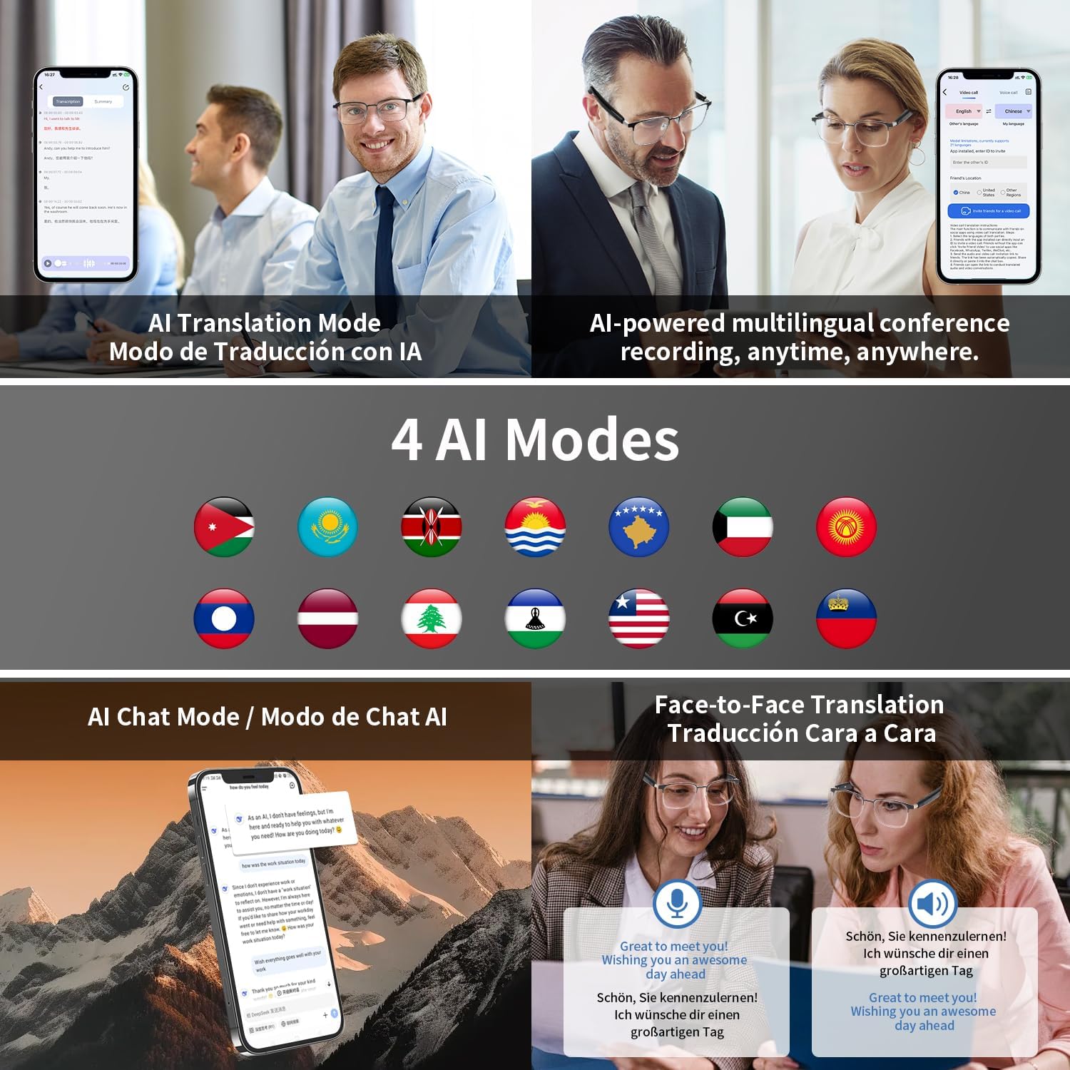 Smart glasses with translating app, interchangeable lenses, high-definition voice calling, Hi-Fi sound quality, open-ear headphone design