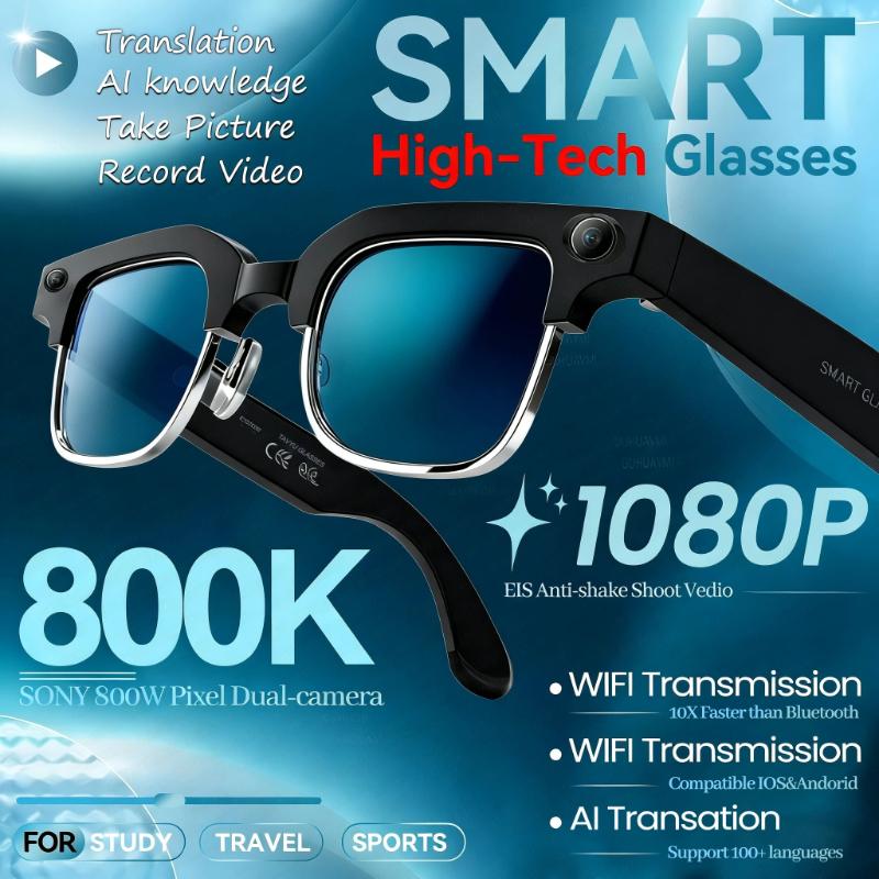 Smart glasses with AI, featuring an 800W camera, 4K HD video, outdoor sports sunglasses, OpenAI voice assistant, Bluetooth music translation, ideal for calling, glasses.